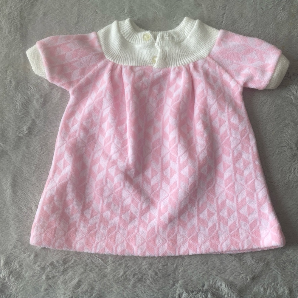 Vintage Pink Knit Baby Dress with White Collar terry cloth 6-12 months
